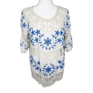 Oliver Blouse Women Medium Cream Blue Embroidered Fringe Crochet Boho Top